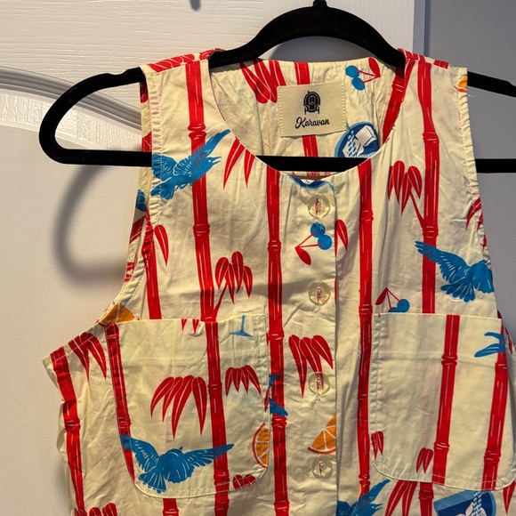 Karavan Greece Ladies Ivory red bamboo blue birds button down dress-S - Picture 7 of 10